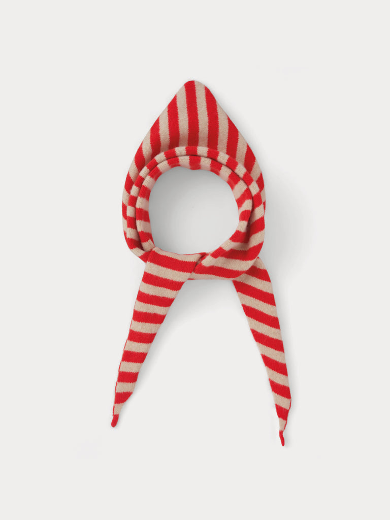 red and cream striped triangle scarf tied in a knot