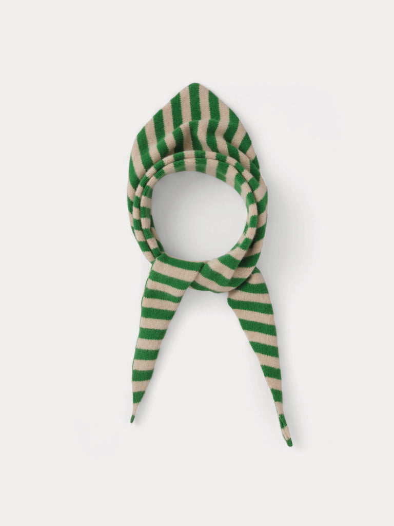 black and green striped triangle scarf tied in a knot