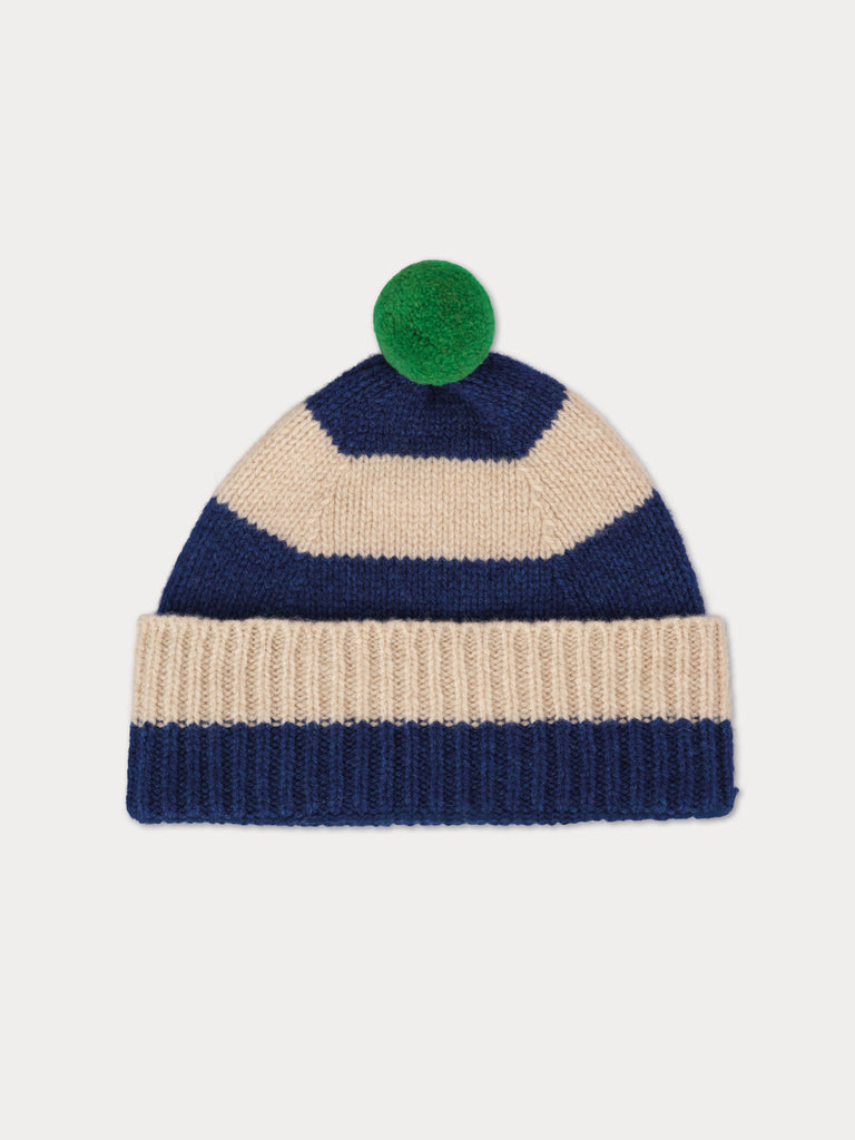 blue and cream striped beanie with green pompom