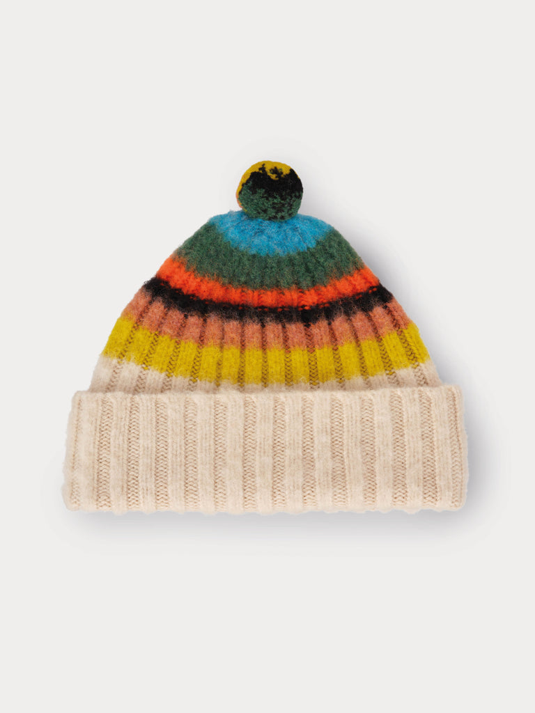 Multicoloured striped beanie with a cream base and multicoloured pompom