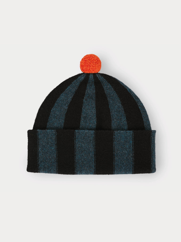 black and blue striped beanie with orange pompom