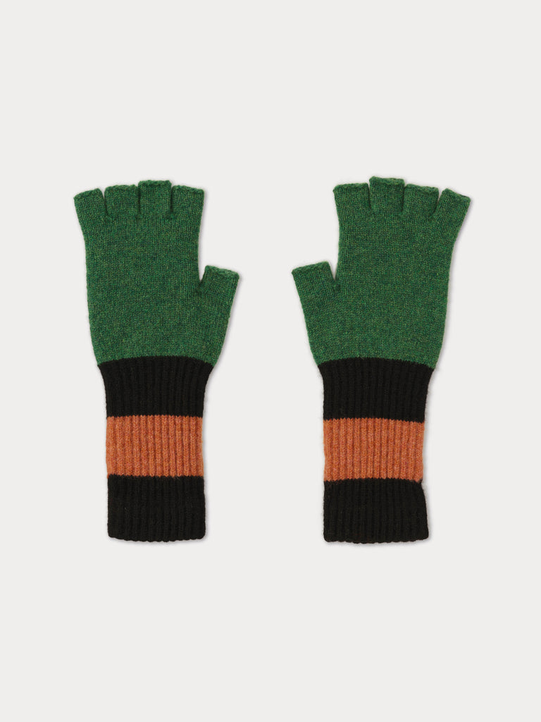 Pair of green and black fingerless gloves with orange accents 