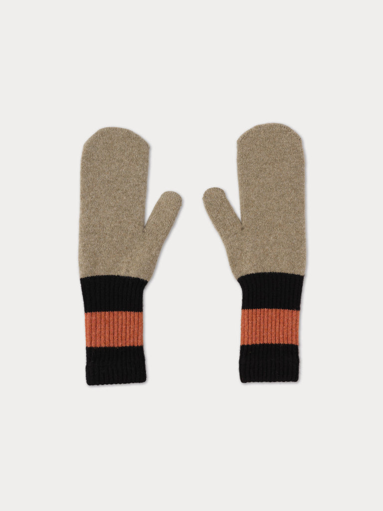 Pair of mittens with beige, black, and orange color pattern 