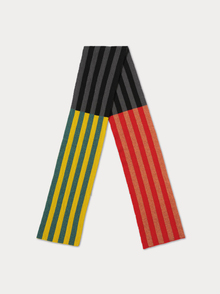 scarf with three blocks of stripes, grey and black, red and light red and blue and yellow