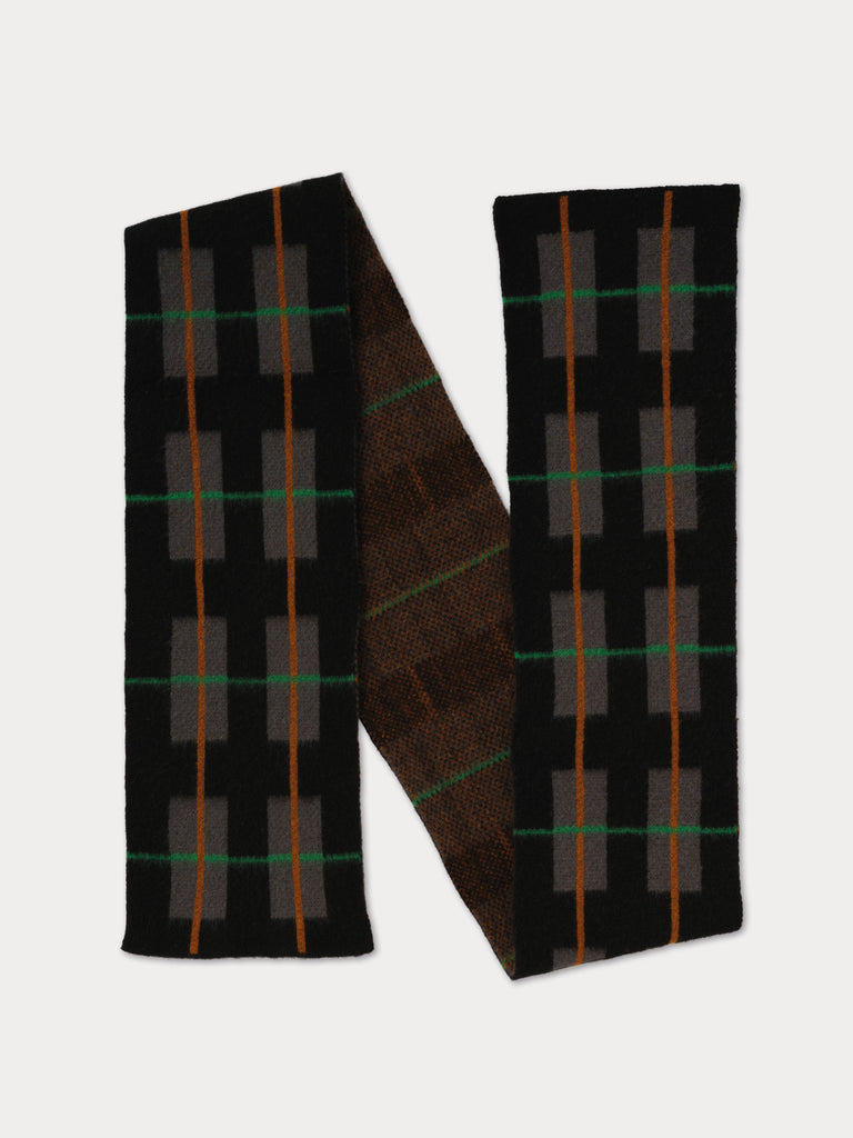 tartan scarf, mainly grey, and black with thin colouful lines