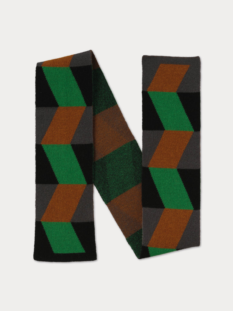 black and grey scarf with brown and green zig zag pattern