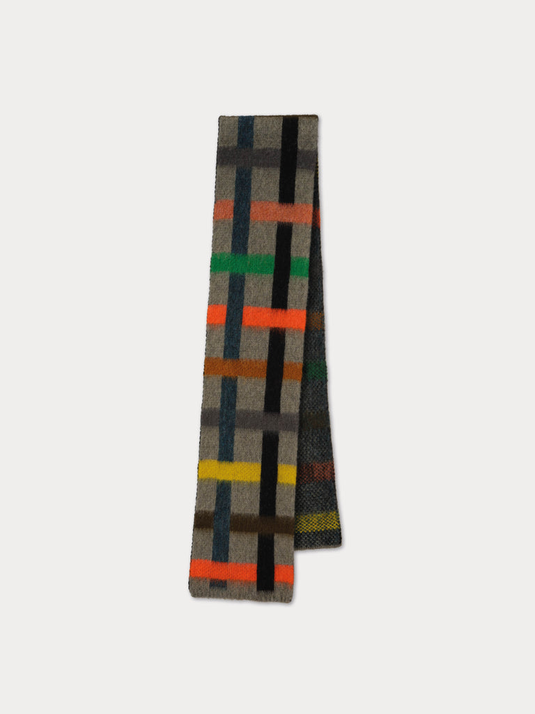 grey scarf with multicolour interwoven stripe pattern
