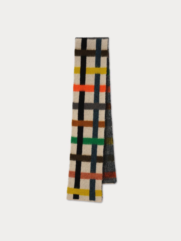 cream scarf with multicolour interwoven stripe pattern