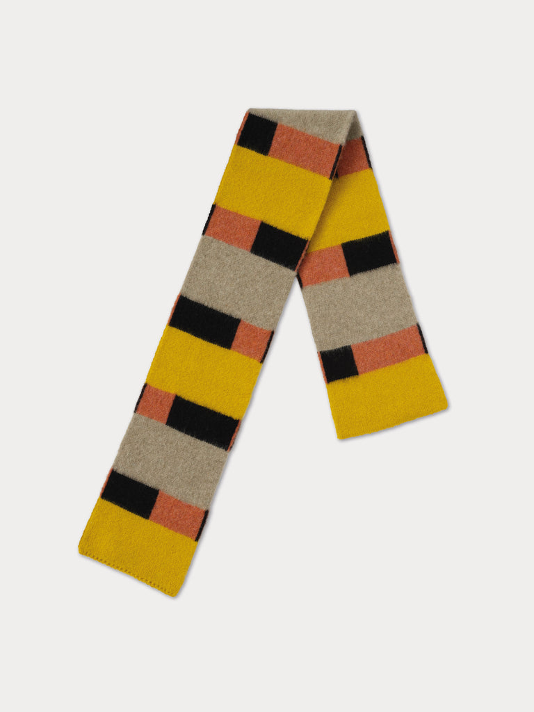 scarf with orange, grey, yellow and black rectangles