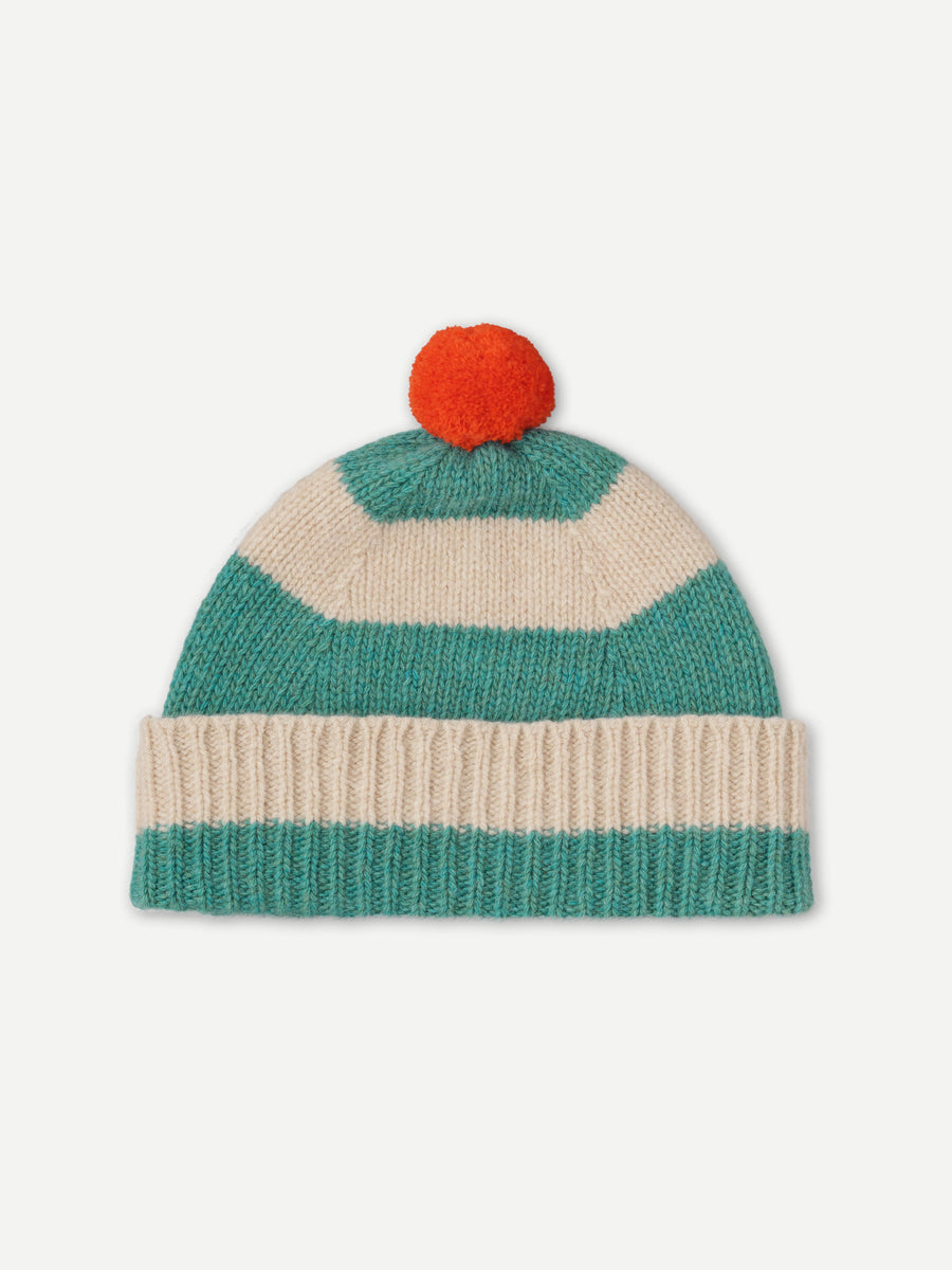 Jo Gordon Knitwear | Stripe Pompom Hat Jade & Oatmeal