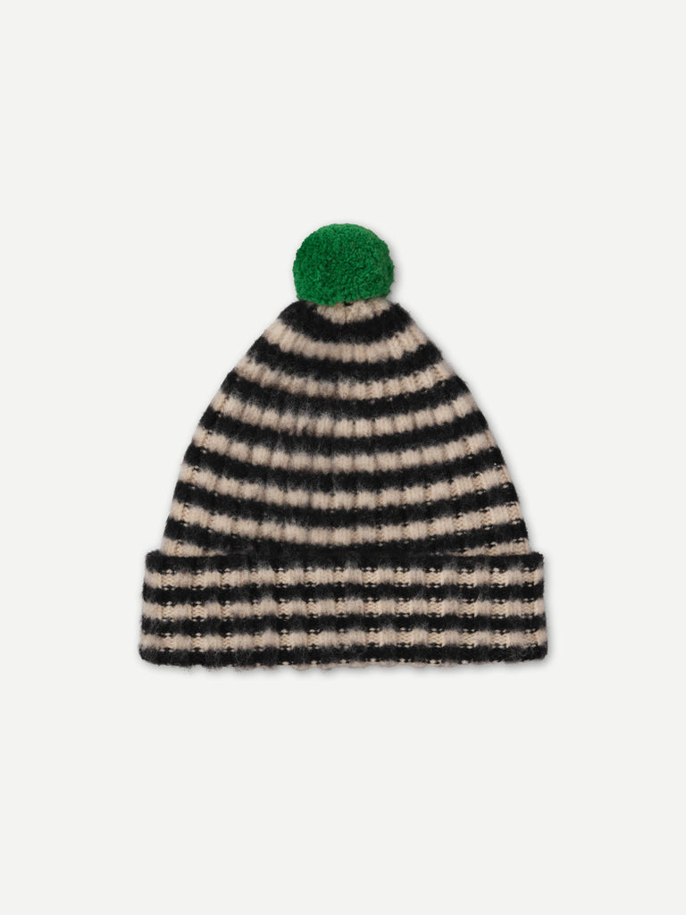 BRUSHED NARROW STRIPE HAT WITH CONTRAST POMPOM BLACK & OATMEAL