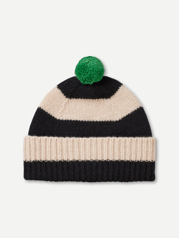 STRIPE POMPOM HAT BLACK & OATMEAL