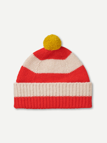 STRIPE POMPOM HAT POPPY & OATMEAL