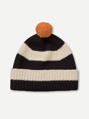 STRIPE POMPOM HAT BLACK & OATMEAL