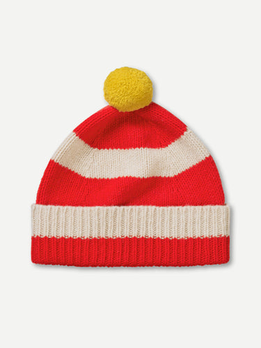 STRIPE POMPOM HAT POPPY & OATMEAL