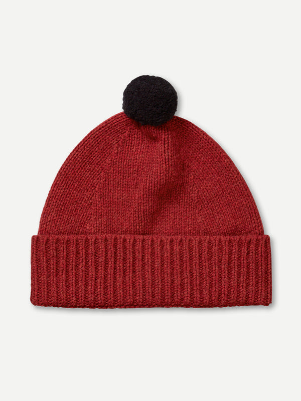 PLAIN HAT CONTRAST POMPOM RUSSET RED & BLACK