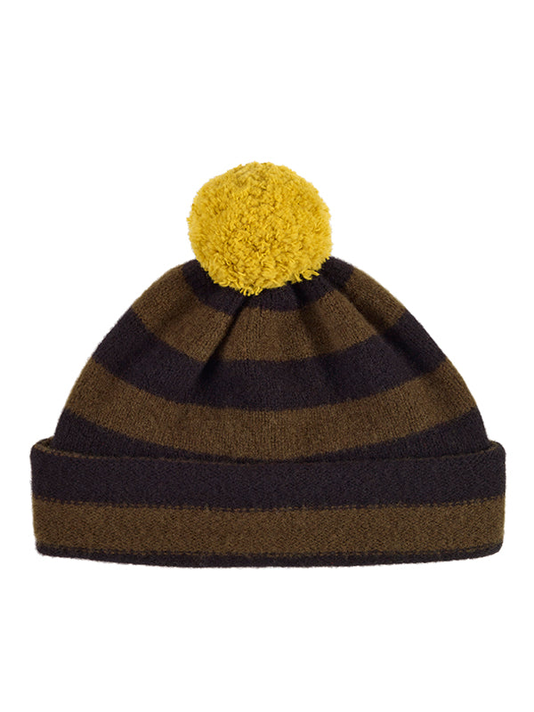 Stripe Pompom Hat Black & Military-Pompom Hats-Jo Gordon-Stripe Pompom Hat Black & Military-Pompom Hat-100% Lambswool